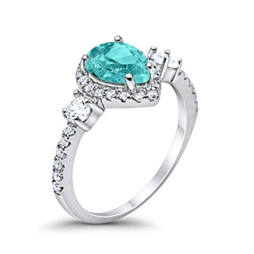 Three Stone Halo Teardrop Pear Fashion Ring Simulated Paraiba Tourmaline CZ 925 Sterling Silver